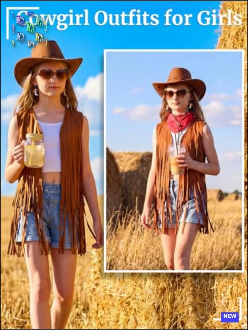 Cowgirl Outfit Set 6 Pieces Fringe Vest Hat Bandana Heart Glasses Earrings